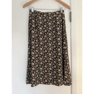 Vintage 90s Talbots Petite Pure Silk Brown Floral Cottagecore Skirt Midi Size 4